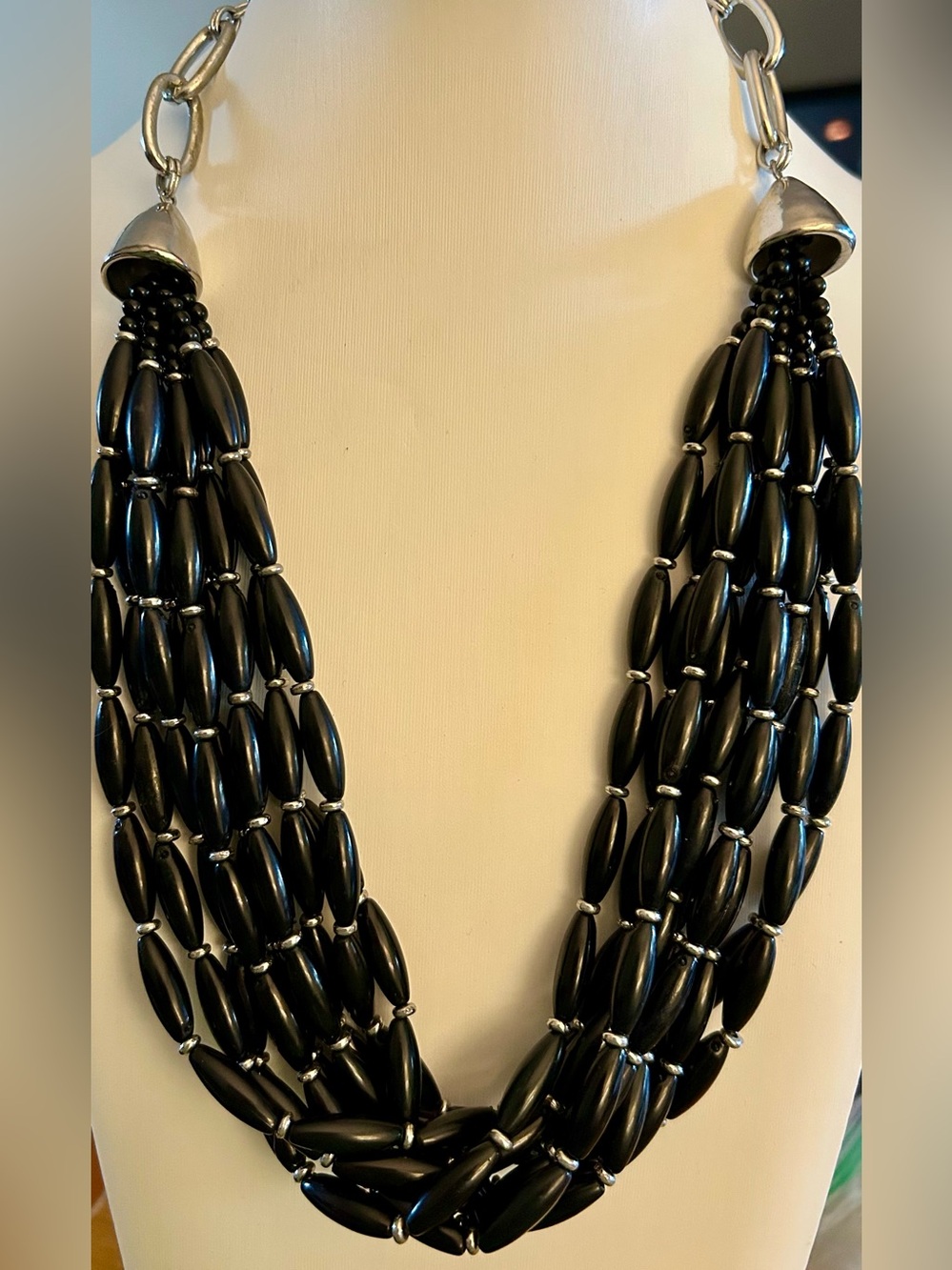 Chico’s Black Multi-Strand Beaded Necklace with silver accents-24” long incl ext